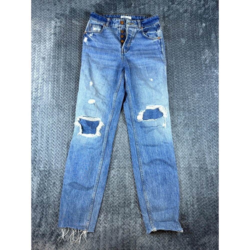 Anine Bing Kate Jeans Womens 24 True Blue Denim Streetwear Distressed Button Fly